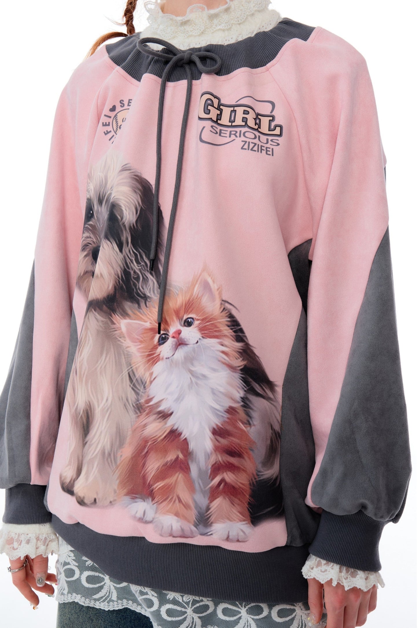 Cat and Dog Print Two-tone Sweatshirt