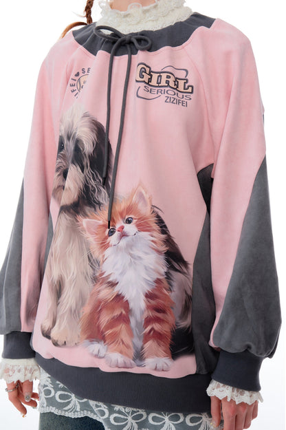 Cat and Dog Print Two-tone Sweatshirt