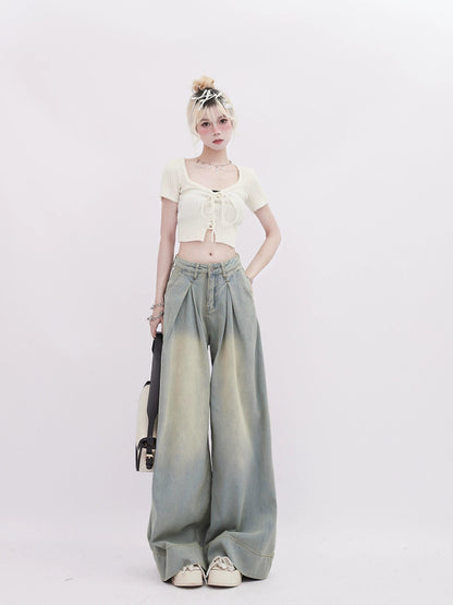 Rayohopp Ultra Wide-leg Denim Palazzo Pants - High-waisted Pleated Jeans With Faded Wash