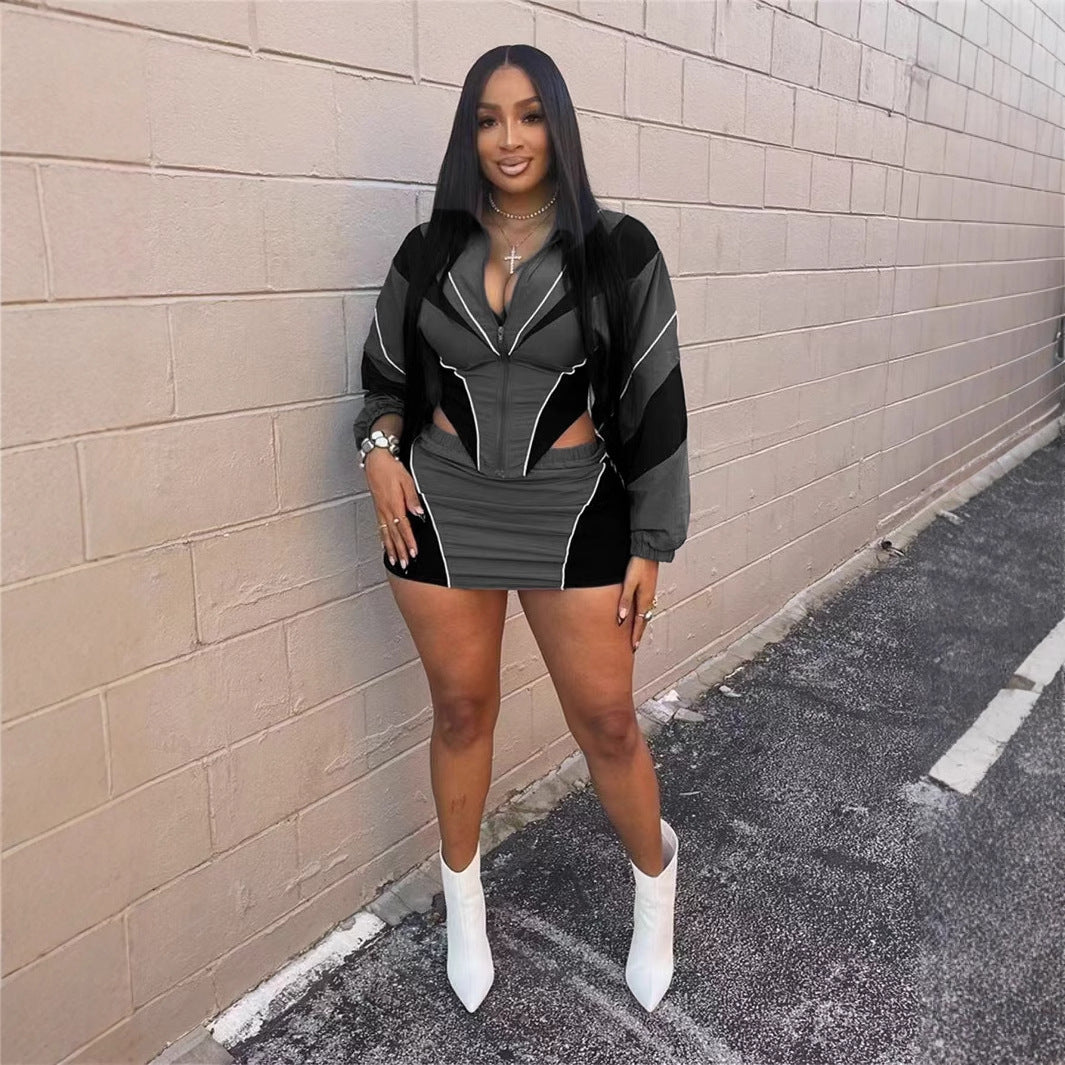 Autumn Sports Loose Contrast Color Long Sleeve Coat Skirt Outfit