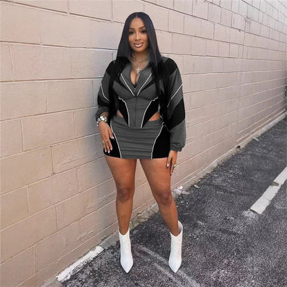 Autumn Sports Loose Contrast Color Long Sleeve Coat Skirt Outfit