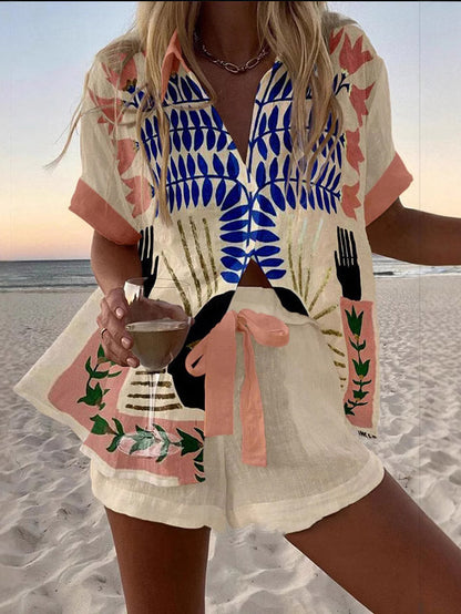 Abstract Graffiti Plant Print Shorts and Shirt Two-piece Set