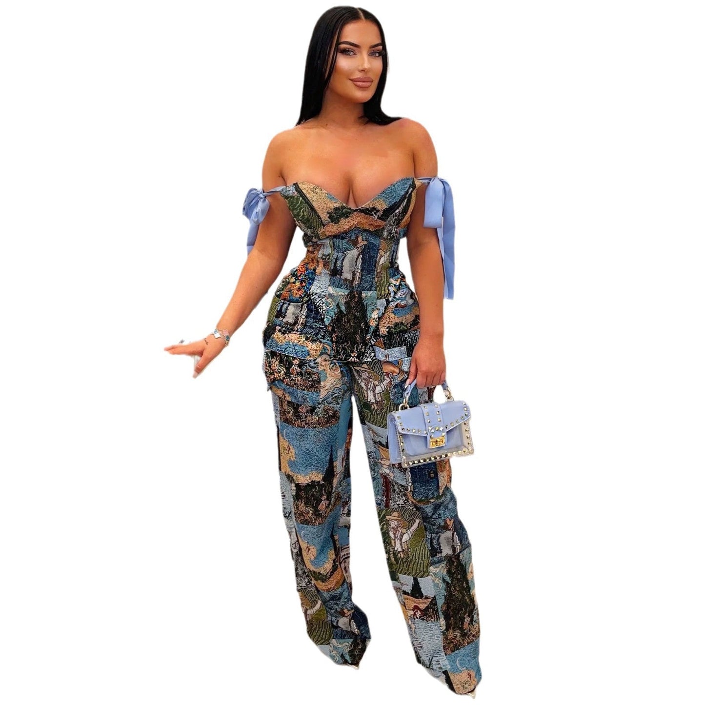 Printing Painting Pattern Strap Drawstring Multi Pocket Pants Sets