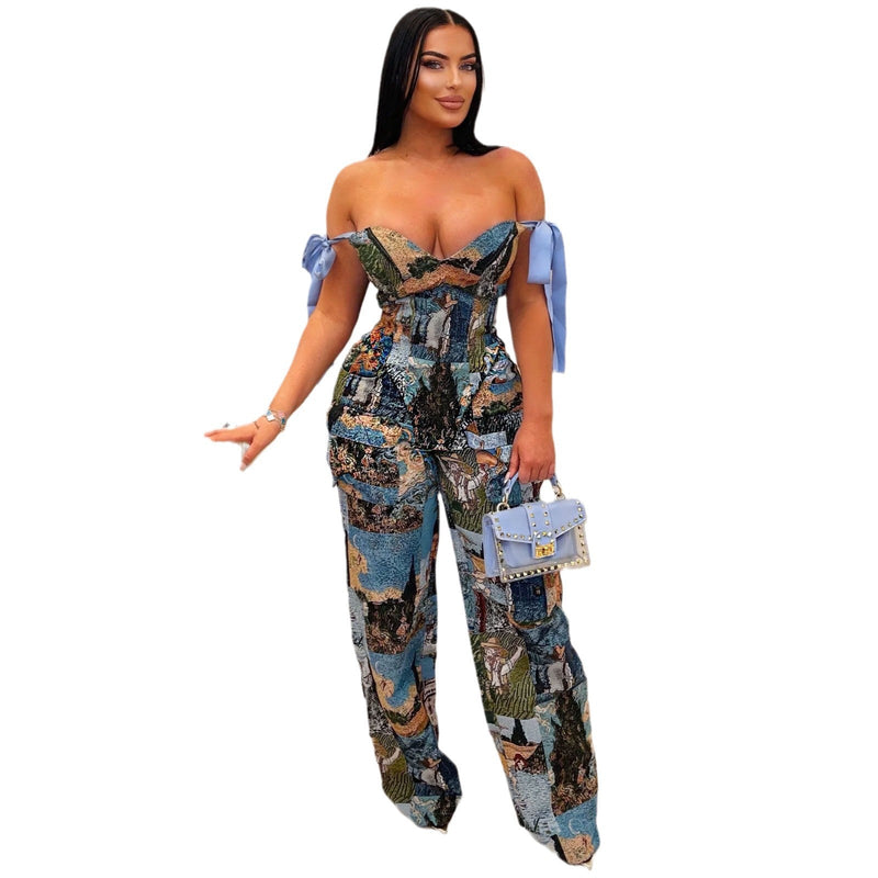 Printing Painting Pattern Strap Drawstring Multi Pocket Pants Sets