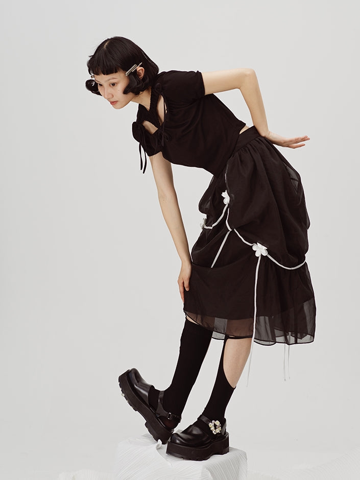 Black Embroidered Midi Skirt - Sheer Overlay Asymmetric Gothic Lolita Style