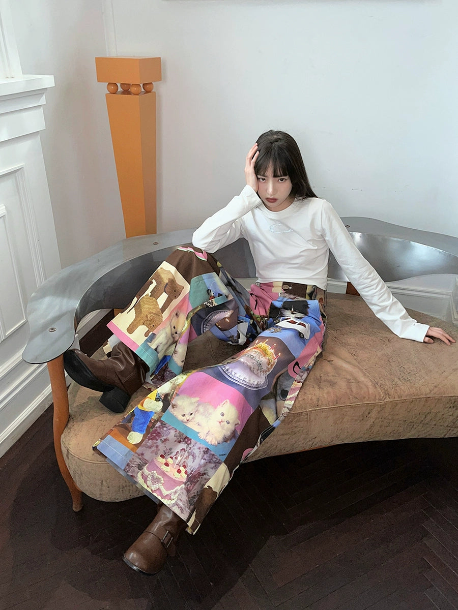 Cat Print Cake Birthday Wide-leg Pants
