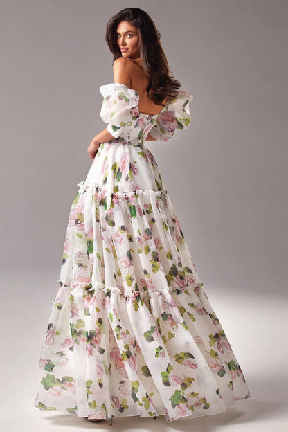 Print Off Shoulder Puff Sleeve Organza Maxi Dress