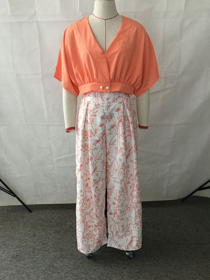 V Neck Short Shirt Top Suit Printed Office Wide Leg Pants Clothing