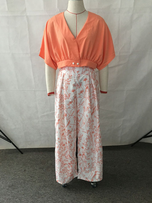 V Neck Short Shirt Top Suit Printed Office Wide Leg Pants Clothing
