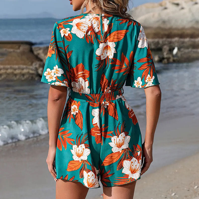 Beach Vacation Ruffle Sleeve Cross Collar Belt Short Culottes Loose Printed Jumpsuit