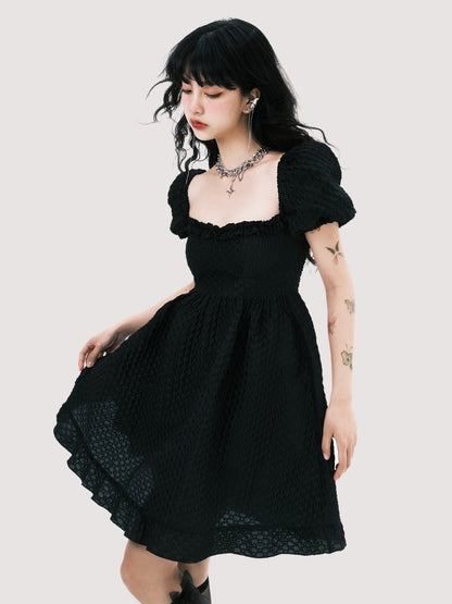 Square Neck Puff Sleeve Jacquard Dress