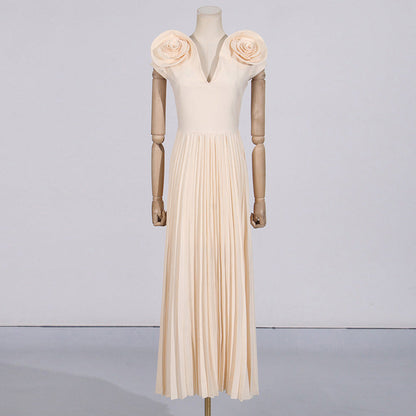 Socialite Large Formal Dress Early Spring V Neck High Waist Pleated Maxi Dress