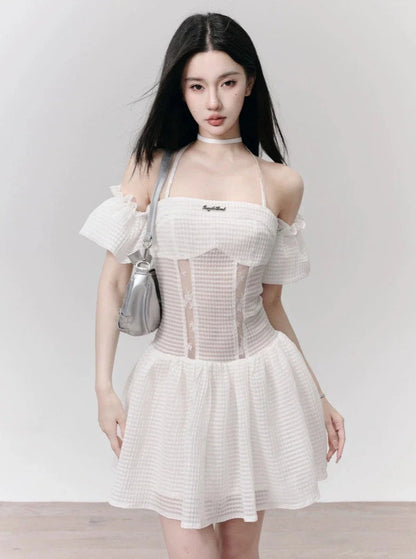 White Eyelet Lace Off-shoulder Mini Dress With Choker Neck Detail