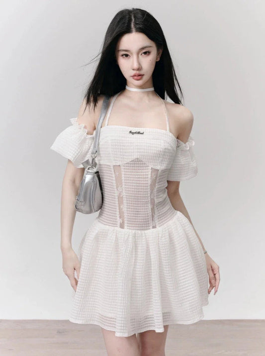 White Eyelet Lace Off-shoulder Mini Dress With Choker Neck Detail