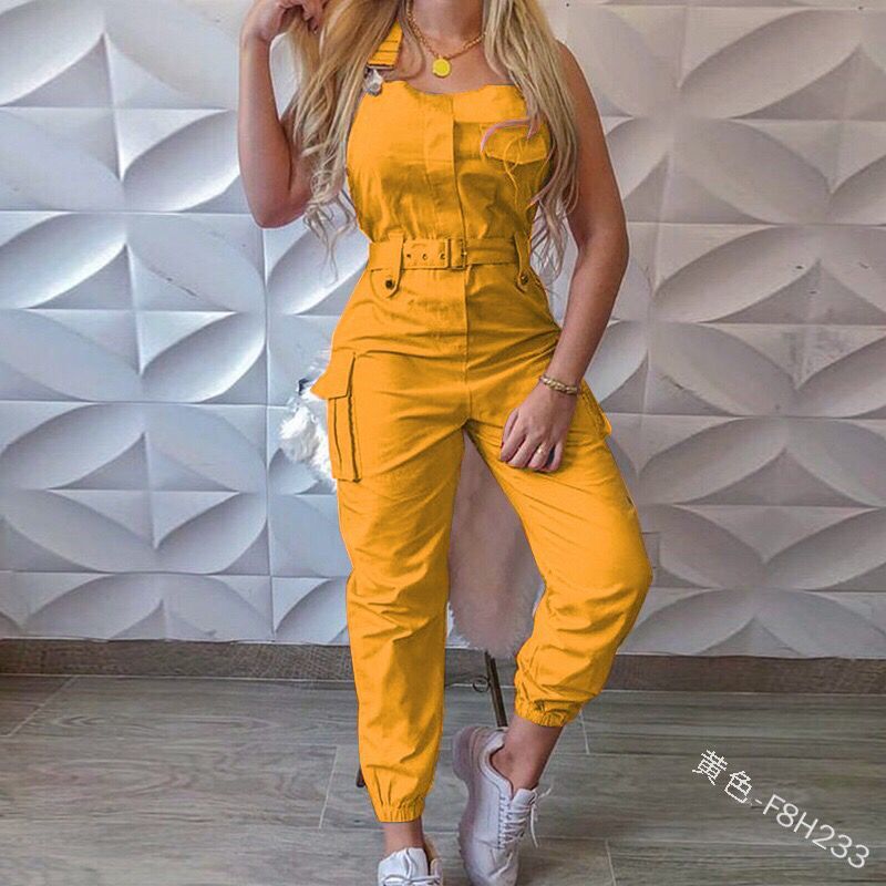 Workwear Belt Sleeveless Suspender Simple Ankle Banded Jumpsuit