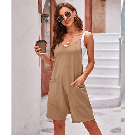 Clothing Summer Pocket Spaghetti Straps Knitted Shorts Jumpsuit Suspender Pants