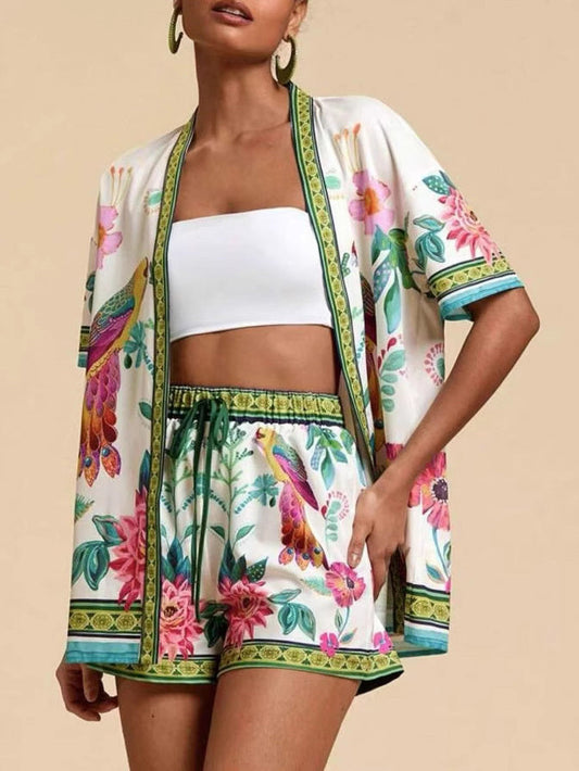 Fresh Print Cardigan Short Sleeve Two-piece Set