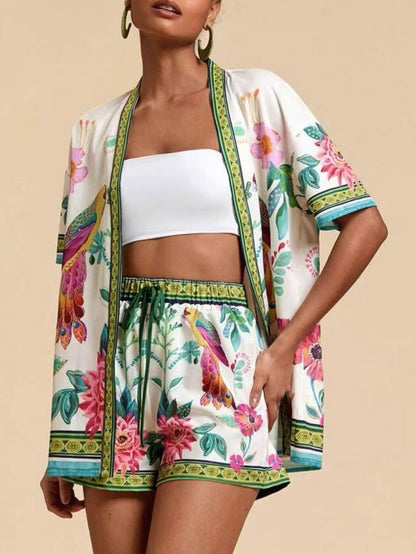 Fresh Print Cardigan Short Sleeve Two-piece Set