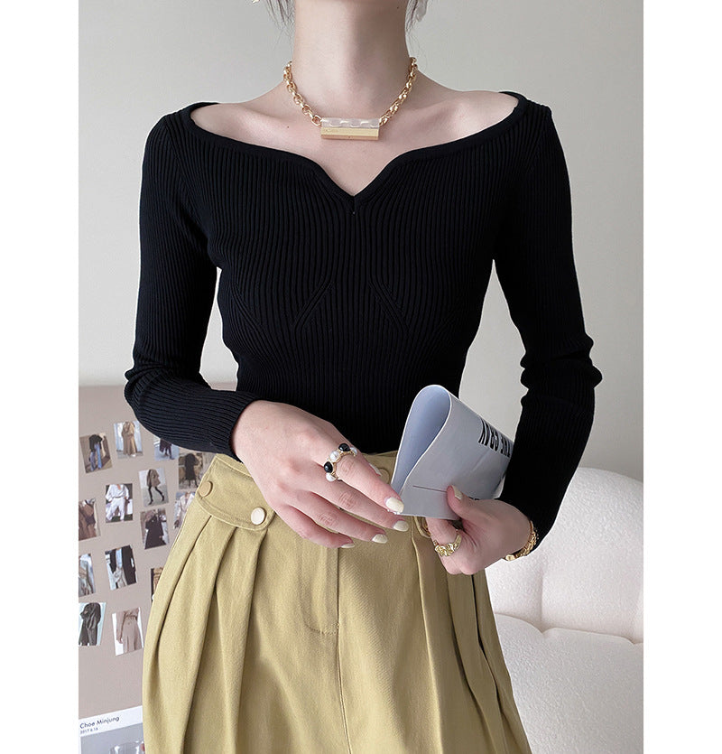 Petal Collar Short Sweater for Autumn Slim Fit Collarbone Bottoming Shirt