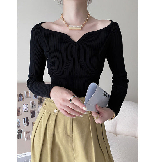 Petal Collar Short Sweater for Autumn Slim Fit Collarbone Bottoming Shirt