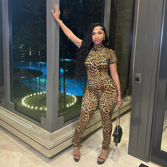 Spring Backless Skinny Personalized Printed Short Sleeved Jumpsuit Clothing