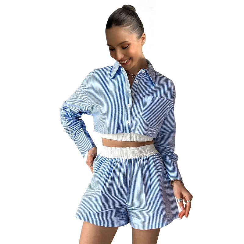 Striped Shirt Long Sleeve Two Piece Set Elastic Waist Shorts Suit Summer