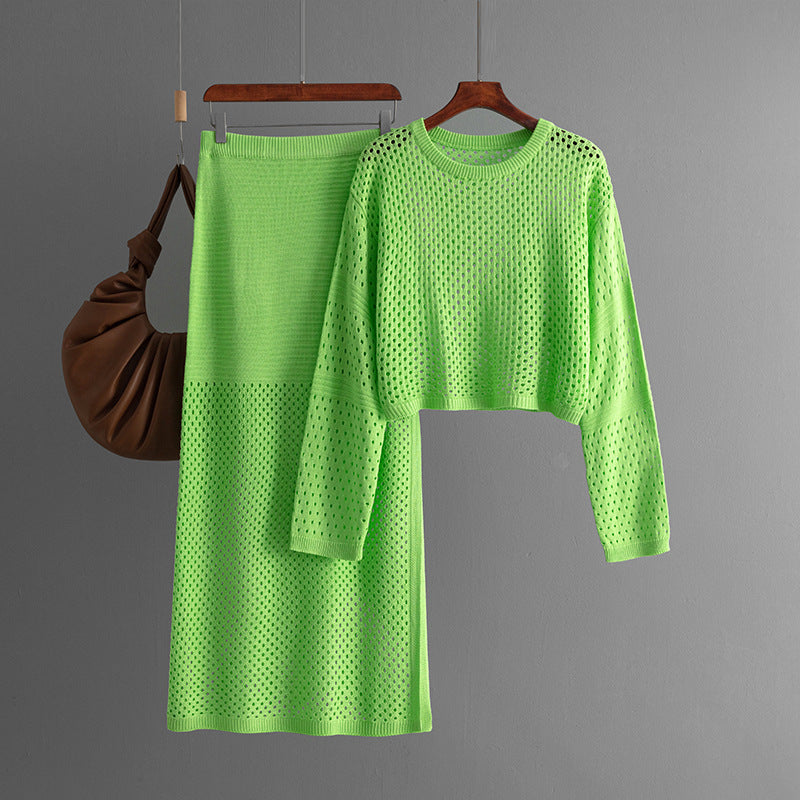 Summer Hollow Out Cutout Sweater Long Skirt Two Piece Set