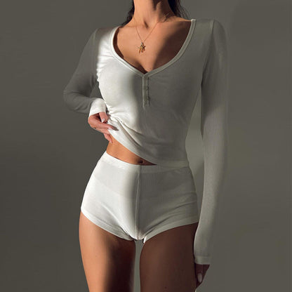 Low Cut V Neck Tight Long Sleeved Top Sports Super Short Shorts Two Piece Set