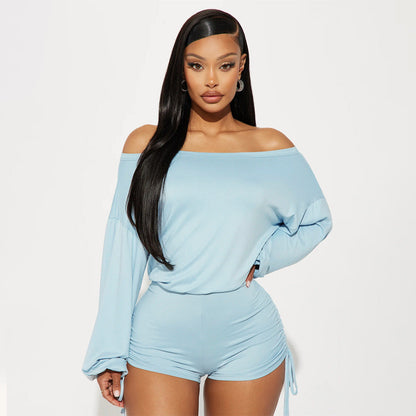 Wear Off Shoulder Off Shoulder Long Sleeve Pleated Drawstring Fitted Waist Jumpsuit