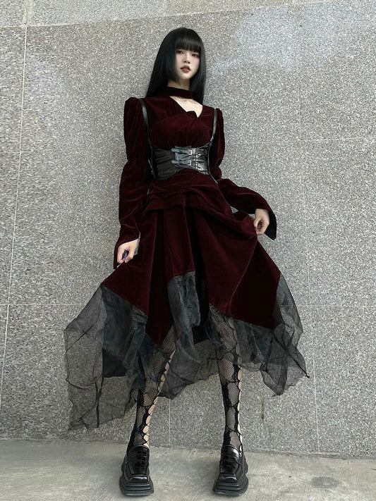 Ladyghost Gothic Victorian Maxi Dress - Burgundy Velvet and Black Mesh Layered Gown With Corset Belt
