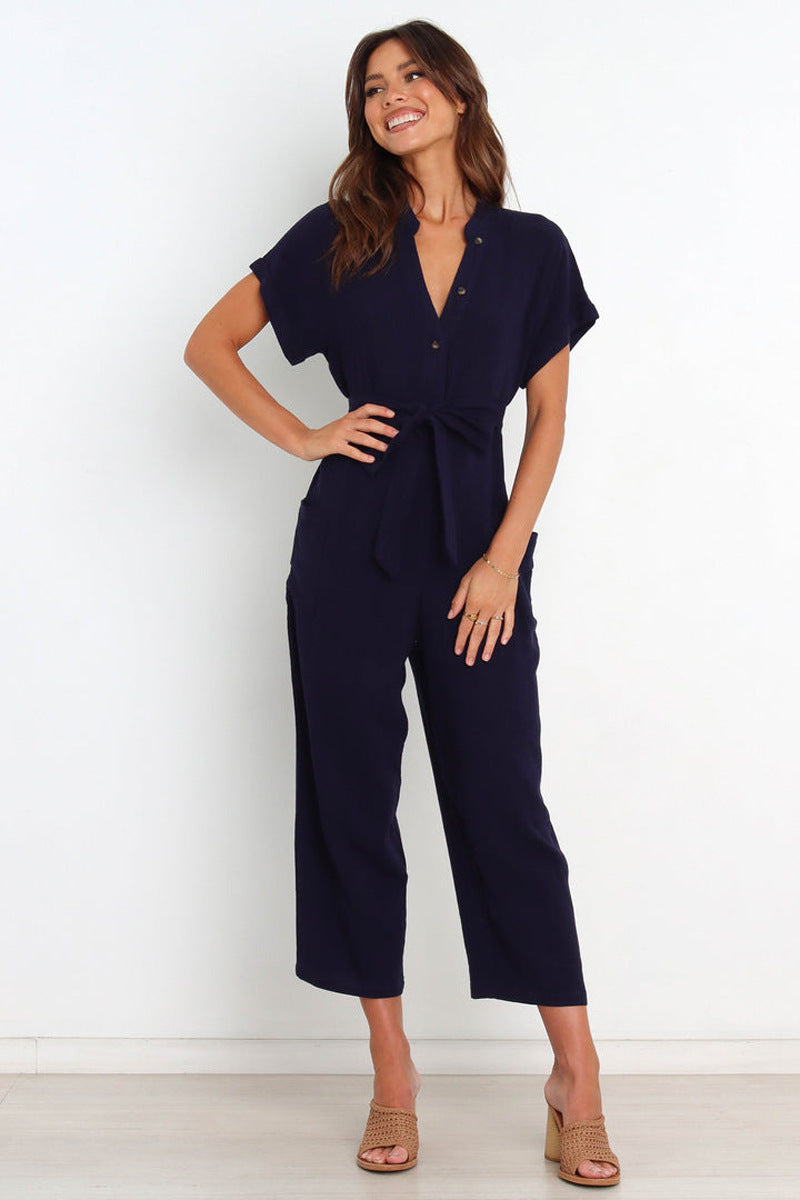 Summer Color Pocket V Neck Cropped Wide Legged Jumpsuit