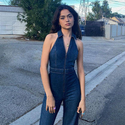 Clothing Slim Fit Slimming Zipper Sleeveless V-neck High Waist Retro Denim Jumpsuit