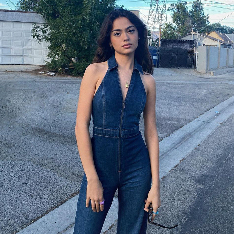 Clothing Slim Fit Slimming Zipper Sleeveless V-neck High Waist Retro Denim Jumpsuit