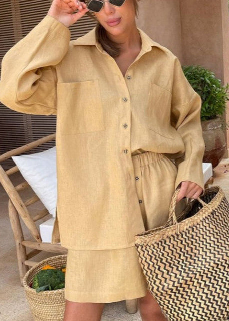 Solea Linen Set - Button-down Shirt & High-waist Shorts
