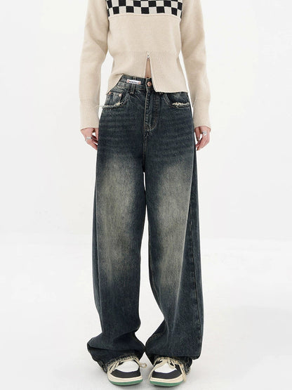 High Street Deep Blue Wide-leg Denim Pants