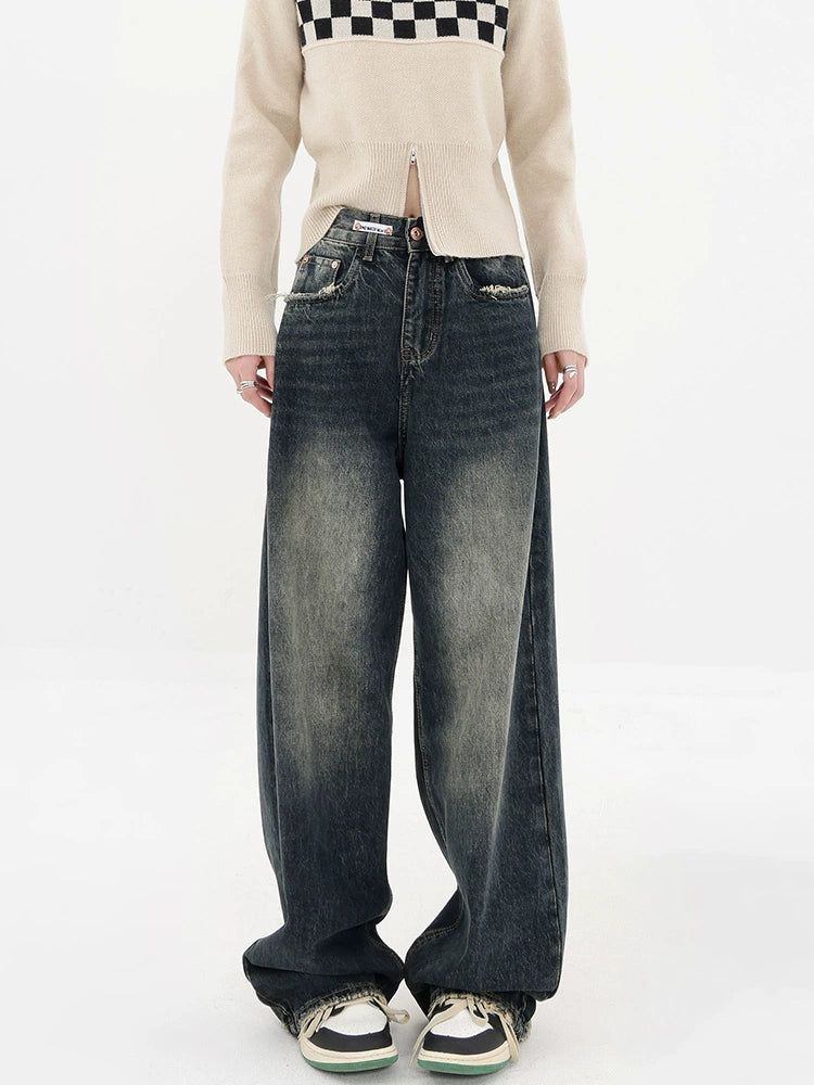 High Street Deep Blue Wide-leg Denim Pants