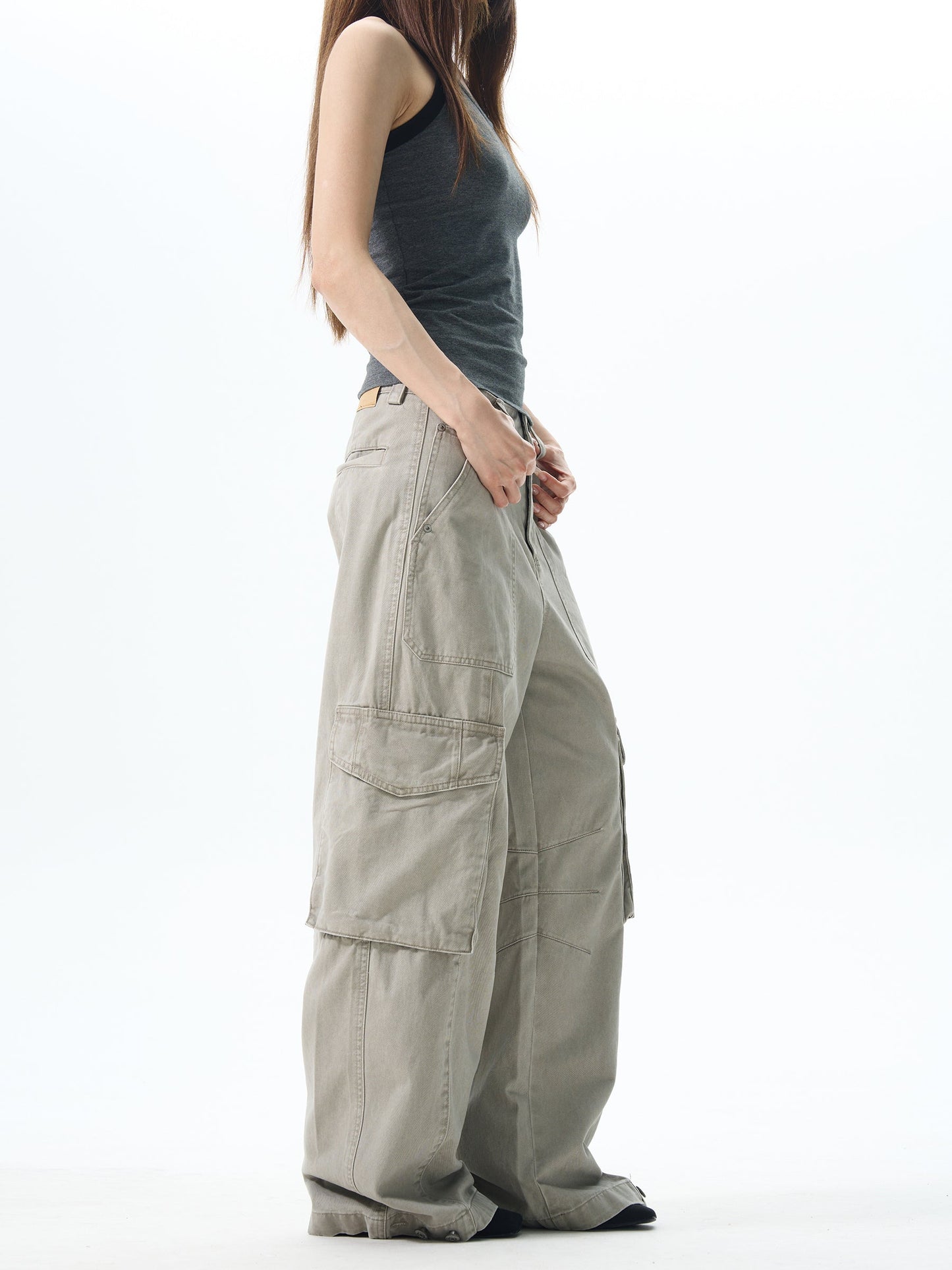 Wide Leg Cargo Pants in Beige & Black