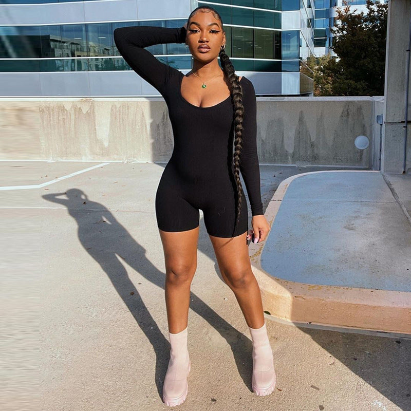 Clothing Winter Color Rib U Neck Long Sleeved Slim Fit Hip Raise Sports Jumpsuit