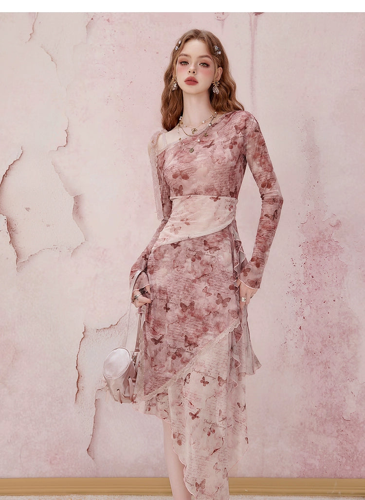 Pink Long Sleeve Midi Dress