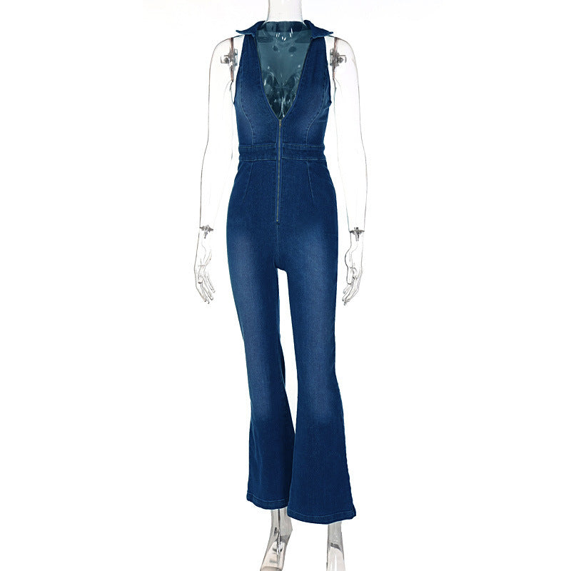 Clothing Slim Fit Slimming Zipper Sleeveless V-neck High Waist Retro Denim Jumpsuit