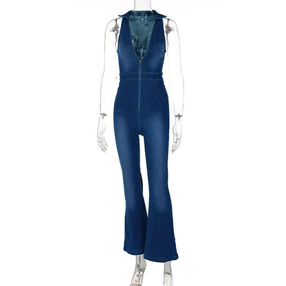 Clothing Slim Fit Slimming Zipper Sleeveless V-neck High Waist Retro Denim Jumpsuit