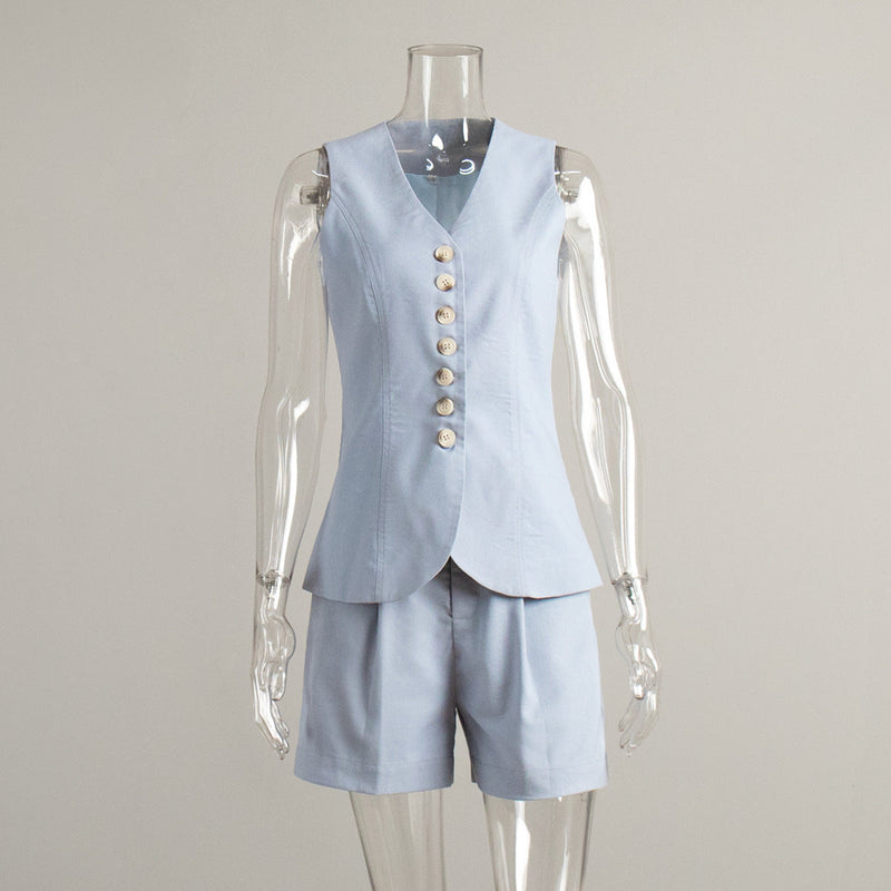 Cotton Linen Vest Shorts Set Summer Office Vest Shorts Set