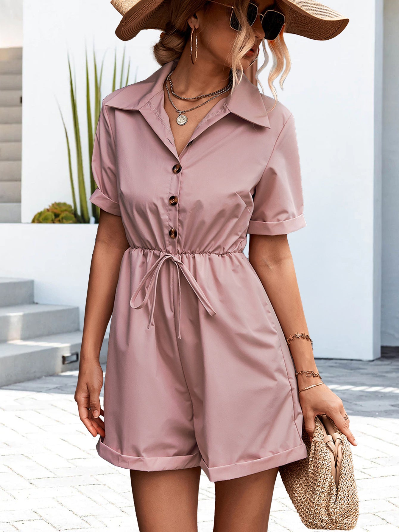 Spring Summer Popular Shirt Collar Short Sleeve Lace Up Jumpsuit Shorts