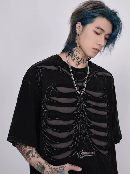 Skeleton Ribcage Mesh Cutout Oversized T-shirt