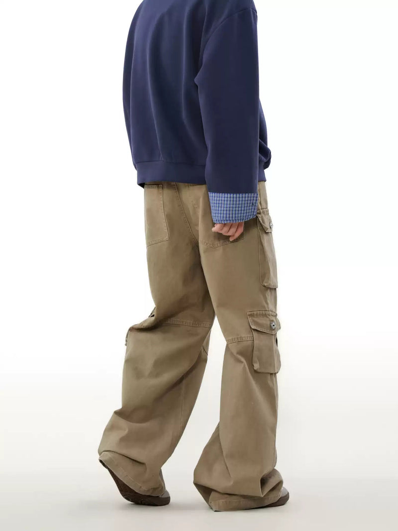 Multiple Utility Pockets Khaki Wide-leg Cargo Pants