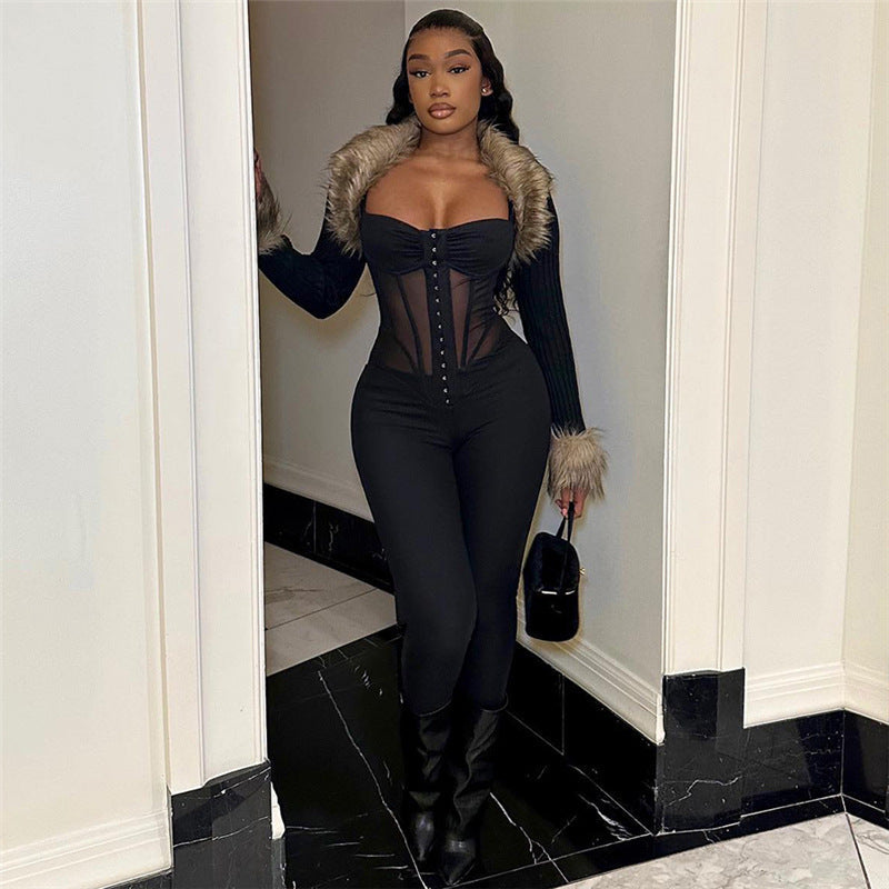 Spring Clothes Suspenders Low Cut See Through Slim Slimming Jumpsuit