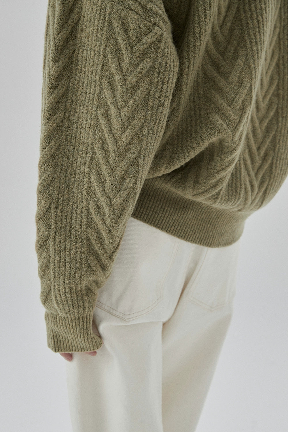 Cream Cable Knit Sweater With Chevron Pattern