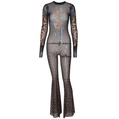Mesh See Through Jumpsuit Winter Long Sleeve Printed Flared Pants