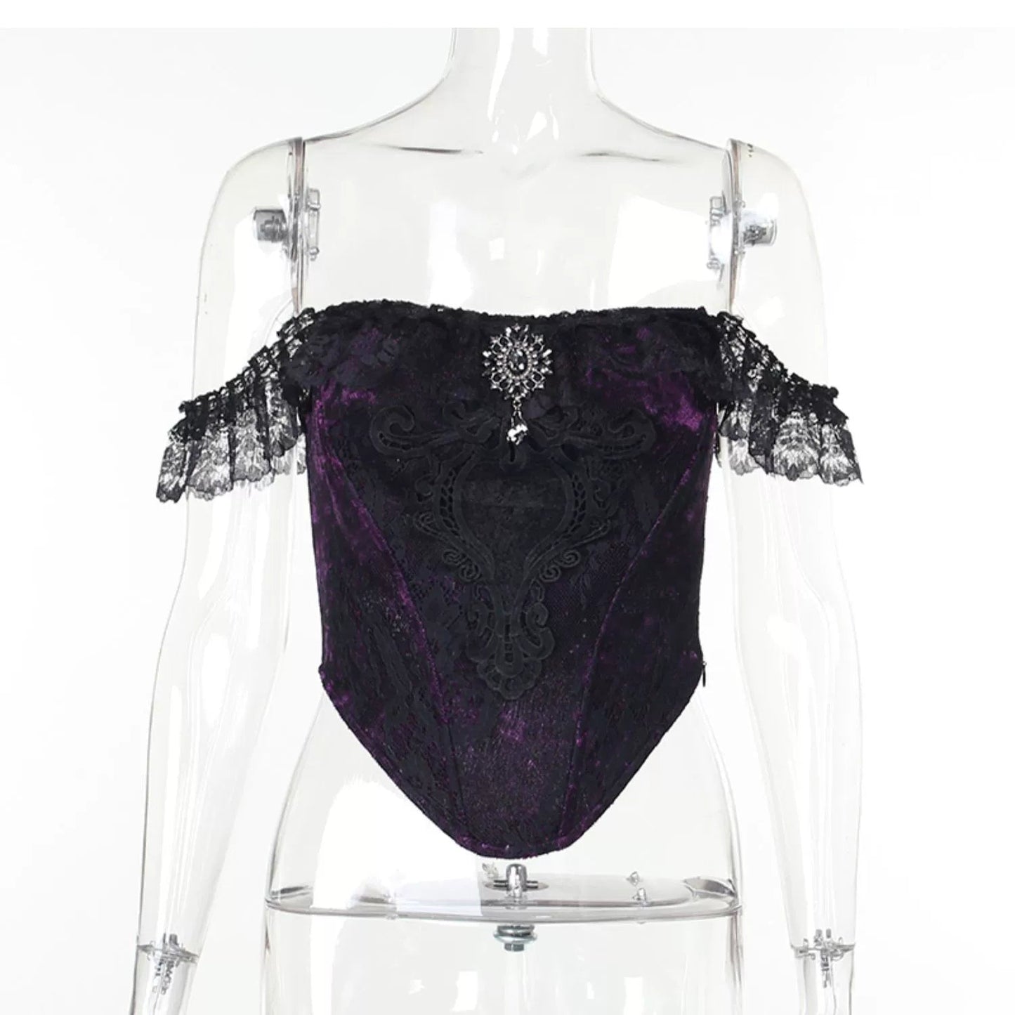 Wannathis Gothic Velvet Ensemble - Off-shoulder Lace Bodysuit With Mermaid Maxi Skirt