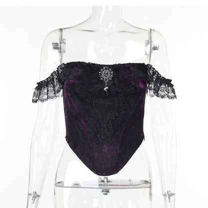 Wannathis Gothic Velvet Ensemble - Off-shoulder Lace Bodysuit With Mermaid Maxi Skirt
